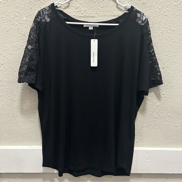 August Silk Black Lace Shoulder Dolman Sleeve Top NWT M - Picture 1 of 5